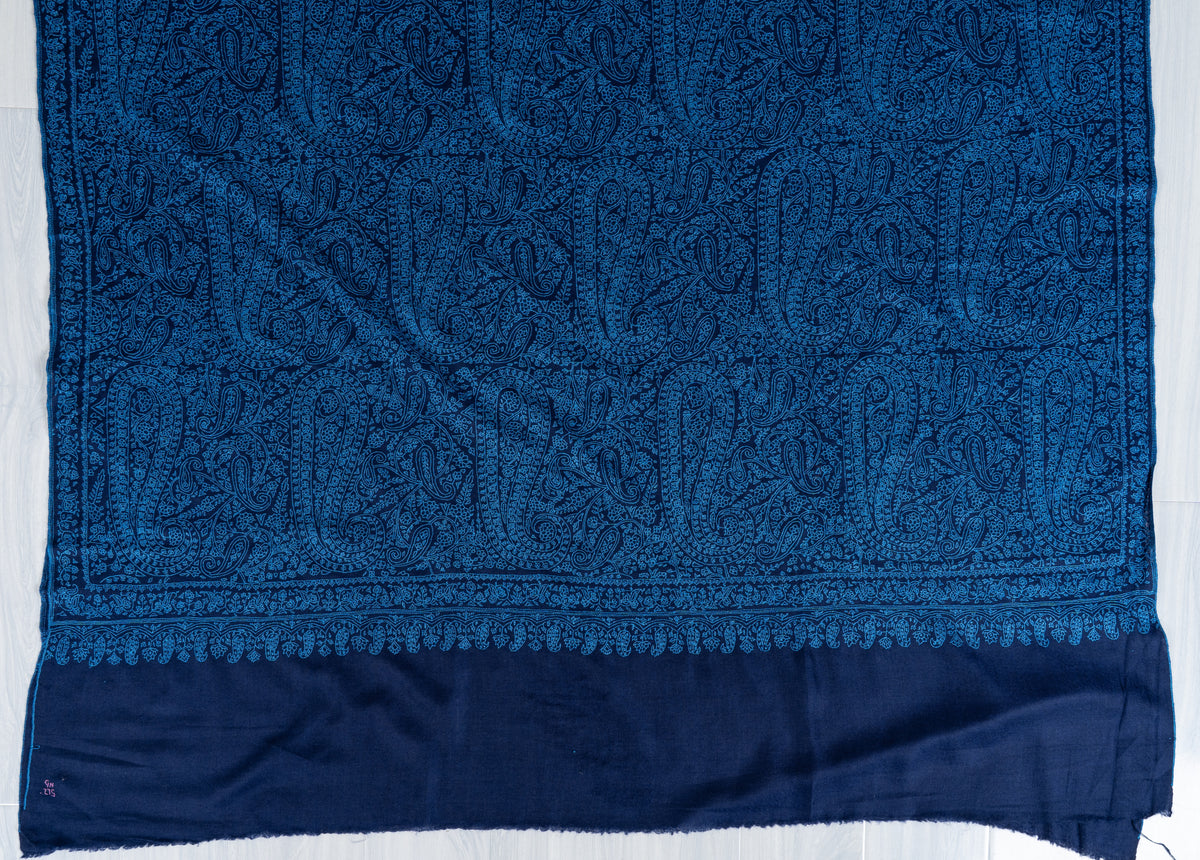 3 yards Royal Azure Pure Pashmina Shawl with Sozni Hand Embroidered Intricate Paisley Patterns