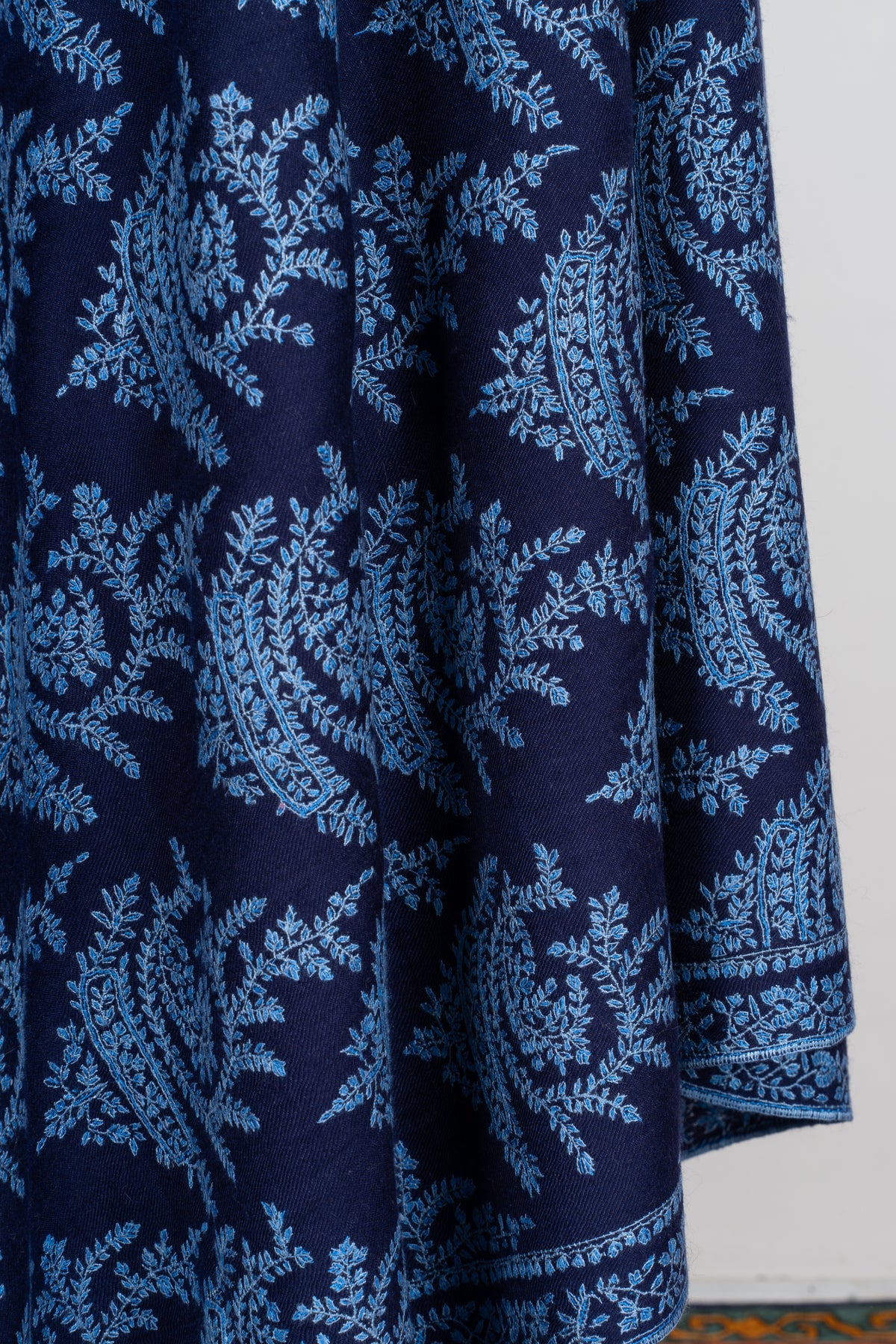3 Yards Sapphire Fern Pure Pashmina Shawl with Sozni Hand Embroidered Botanical Motifs