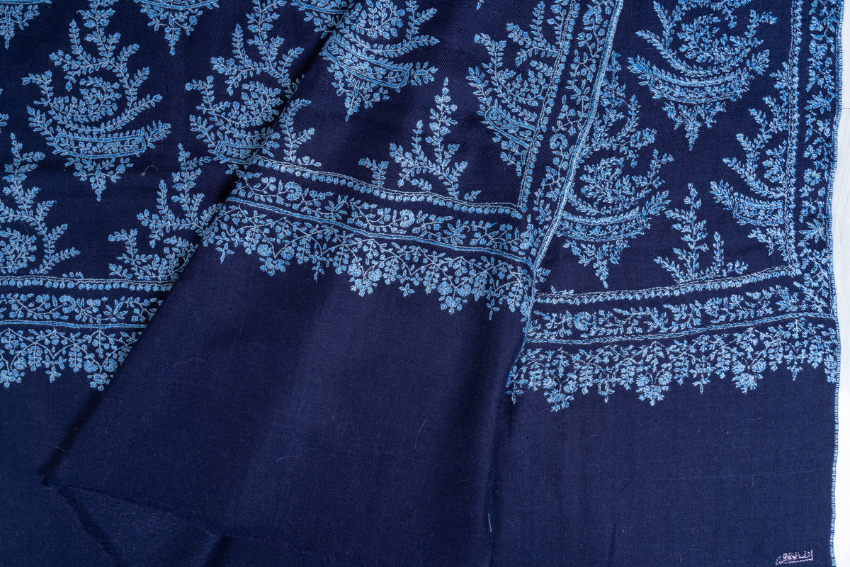 3 Yards Sapphire Fern Pure Pashmina Shawl with Sozni Hand Embroidered Botanical Motifs