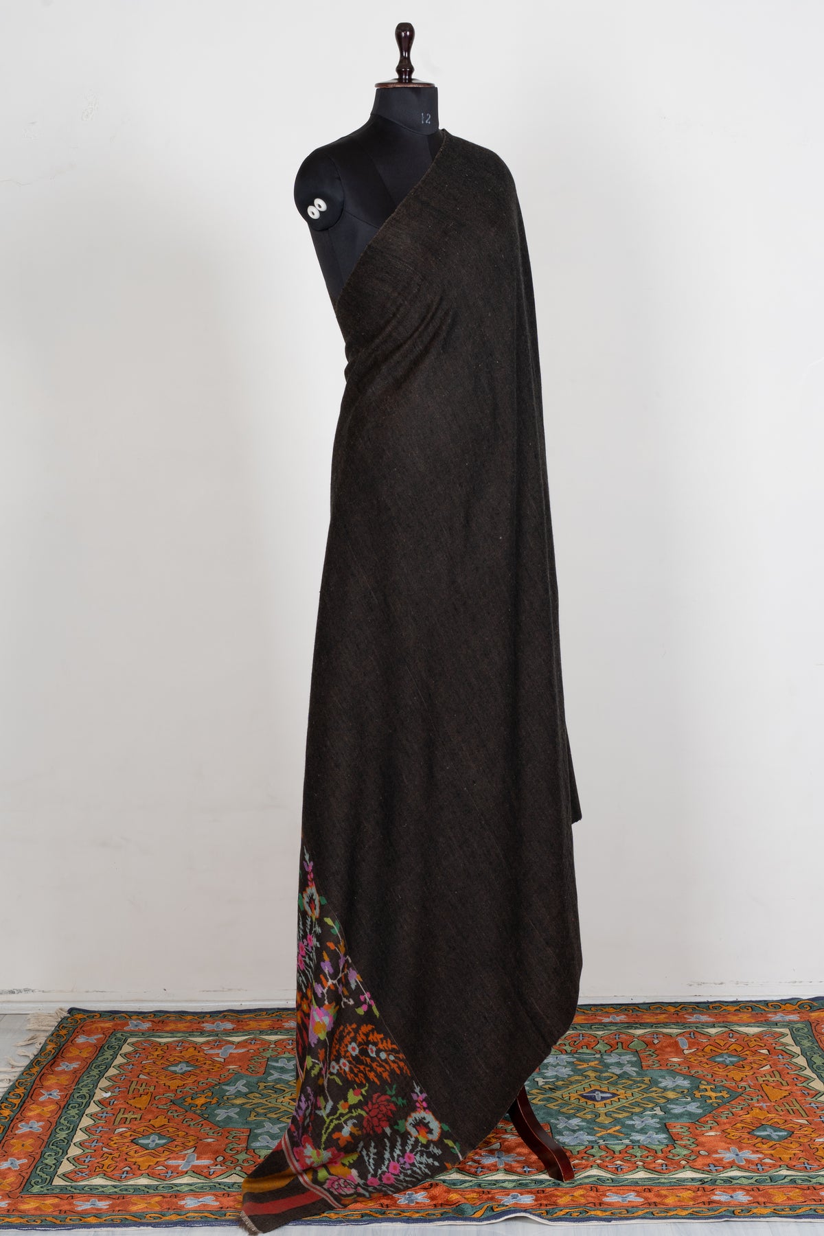 3 yards Reversible Pure Pashmina Shawl with Kani Woven Vibrant Floral Borders in Deep Charcoal and Warm Taupe