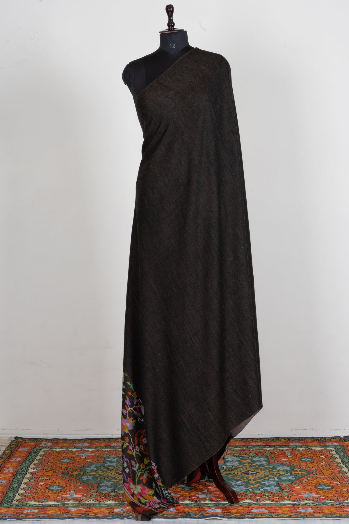 3 yards Reversible Pure Pashmina Shawl with Kani Woven Vibrant Floral Borders in Deep Charcoal and Warm Taupe