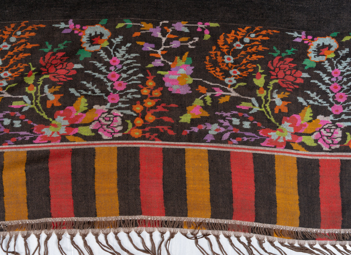 3 yards Reversible Pure Pashmina Shawl with Kani Woven Vibrant Floral Borders in Deep Charcoal and Warm Taupe