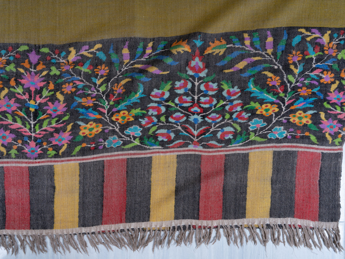 3 yards Reversible Pure Pashmina Shawl with Kani Woven Floral Borders in Olive Green and Mustard Gold