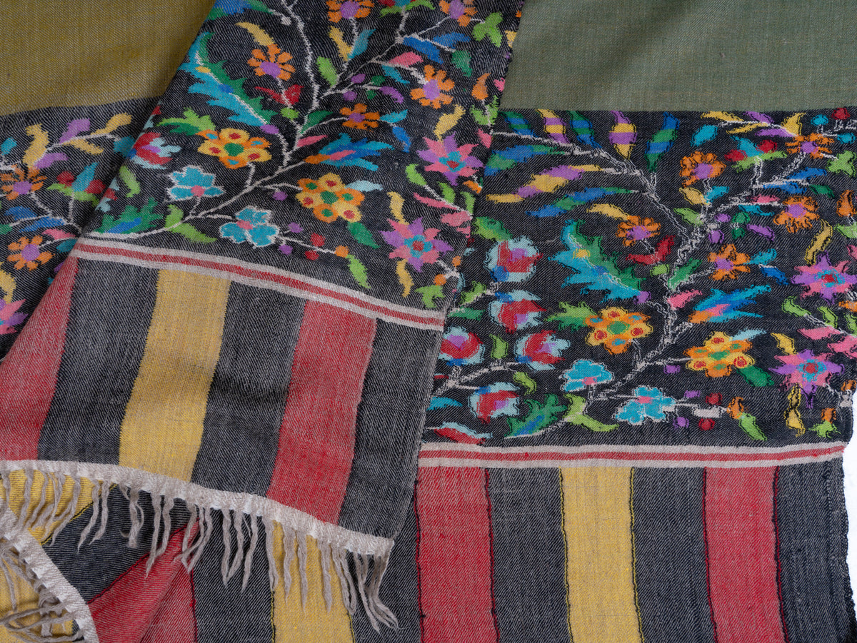 3 yards Reversible Pure Pashmina Shawl with Kani Woven Floral Borders in Olive Green and Mustard Gold