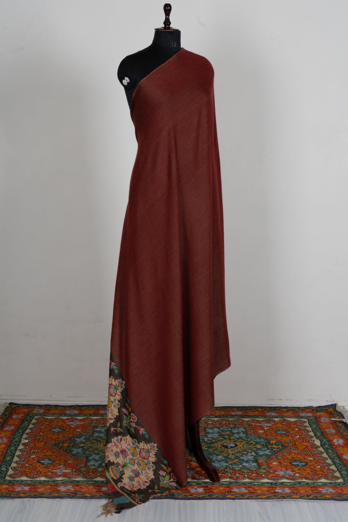 3 Yards Reversible Pure Pashmina Shawl with Kani Woven Floral Borders in Rustic Red and Cocoa Brown