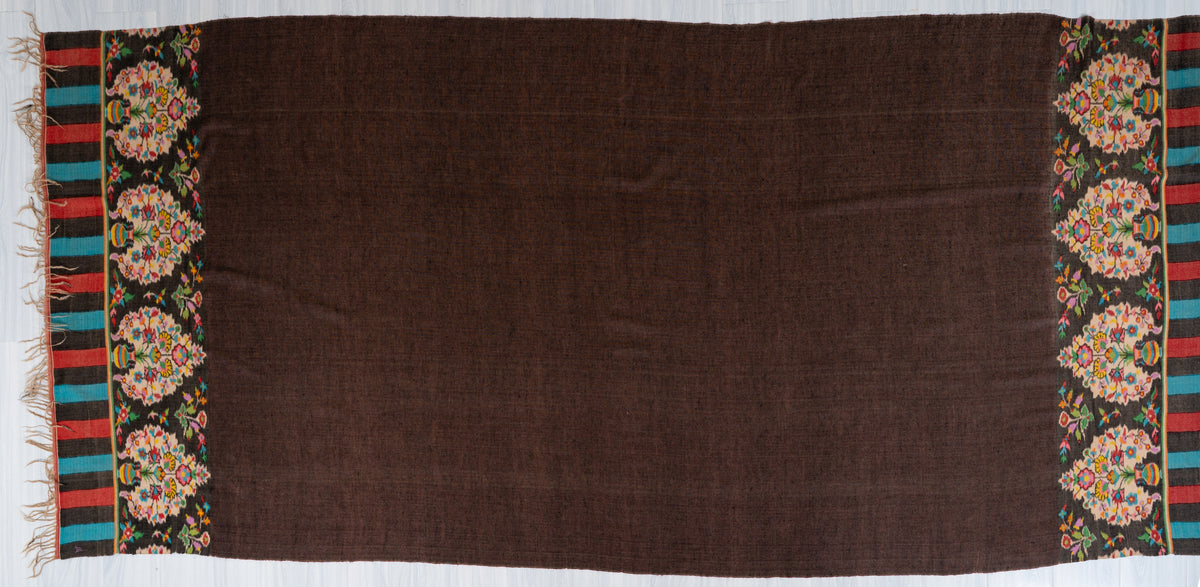 3 Yards Reversible Pure Pashmina Shawl with Kani Woven Floral Borders in Rustic Red and Cocoa Brown
