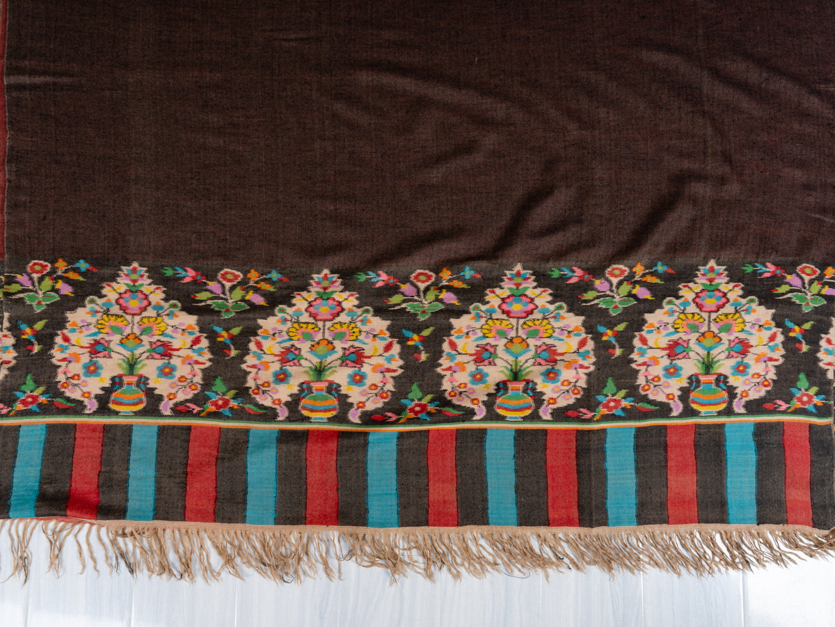 3 Yards Reversible Pure Pashmina Shawl with Kani Woven Floral Borders in Rustic Red and Cocoa Brown