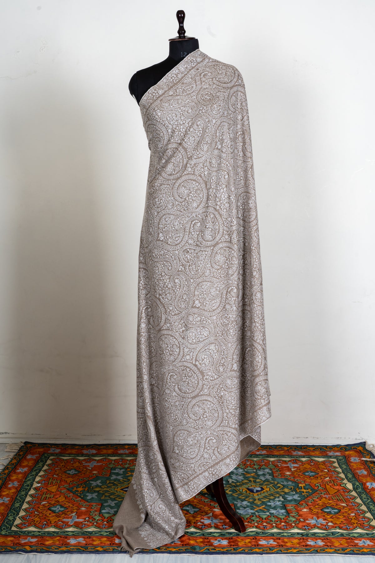 3 Yards Champagne Paisley Pure Pashmina Shawl with Sozni Hand Embroidered Ornamental Elegance