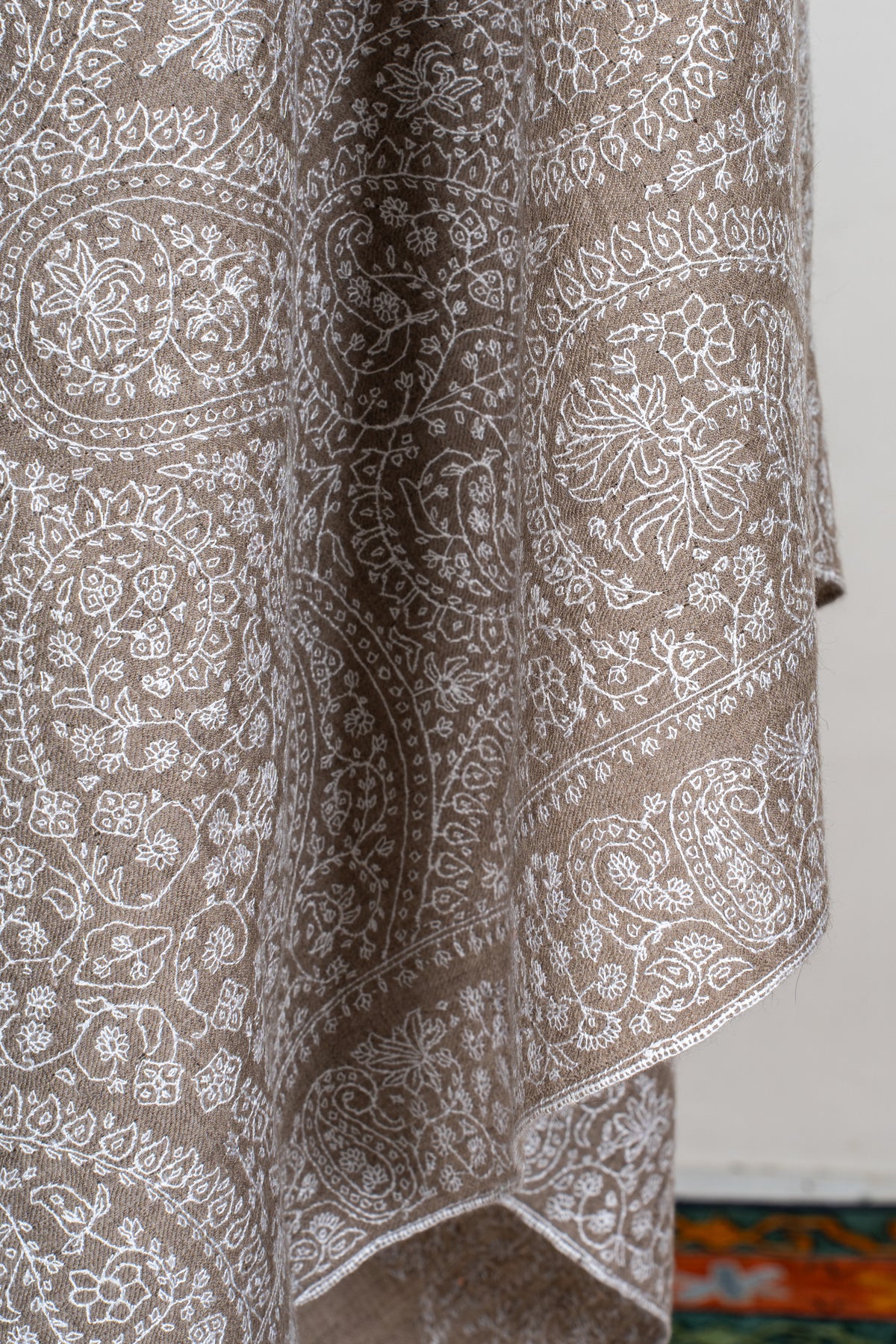 3 Yards Champagne Paisley Pure Pashmina Shawl with Sozni Hand Embroidered Ornamental Elegance