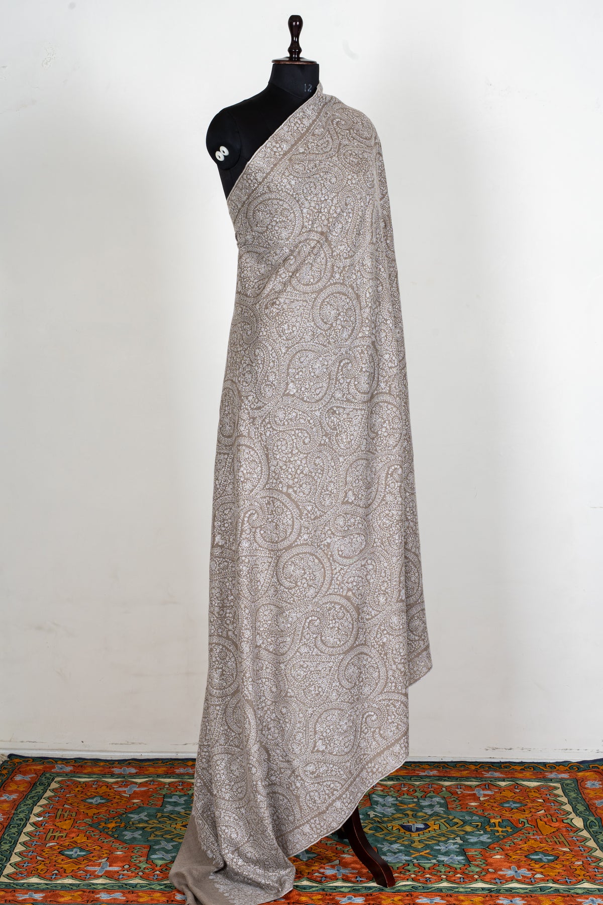3 Yards Champagne Paisley Pure Pashmina Shawl with Sozni Hand Embroidered Ornamental Elegance