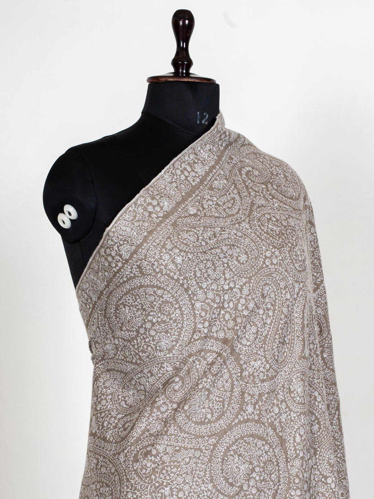 3 Yards Champagne Paisley Pure Pashmina Shawl with Sozni Hand Embroidered Ornamental Elegance