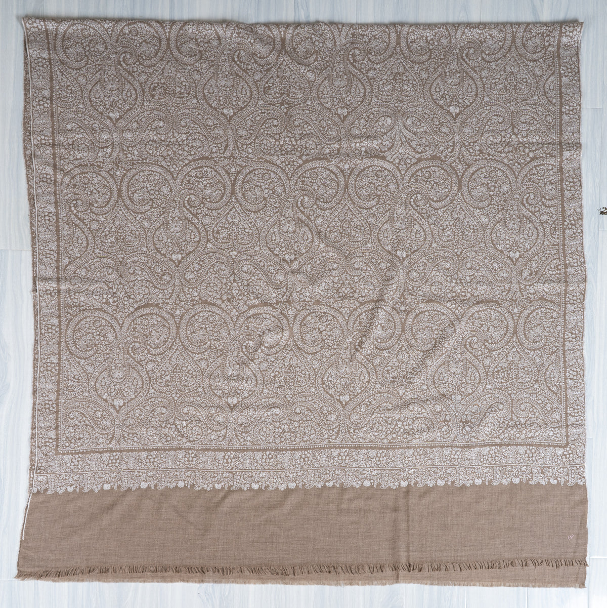 3 Yards Champagne Paisley Pure Pashmina Shawl with Sozni Hand Embroidered Ornamental Elegance