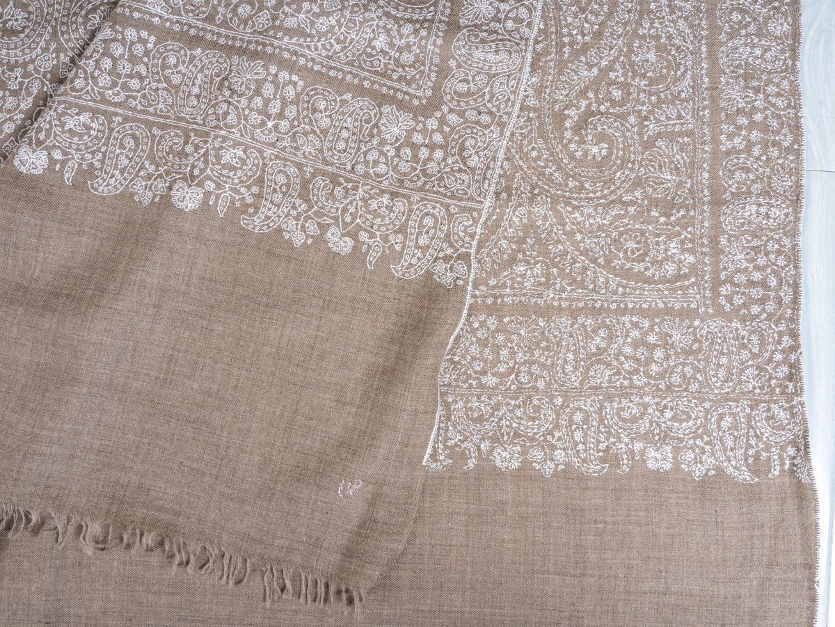 3 Yards Champagne Paisley Pure Pashmina Shawl with Sozni Hand Embroidered Ornamental Elegance