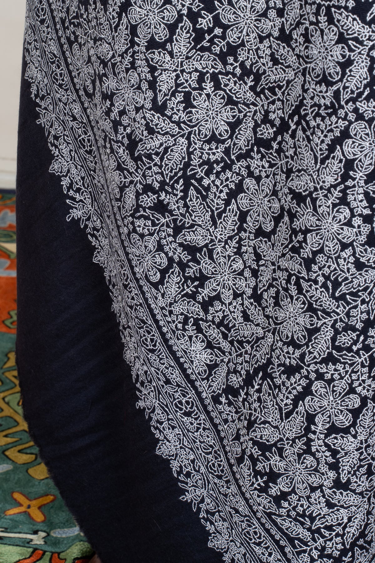 Midnight Lace Pure Pashmina Shawl with Sozni Hand Embroidered Ivory Floral Tapestry
