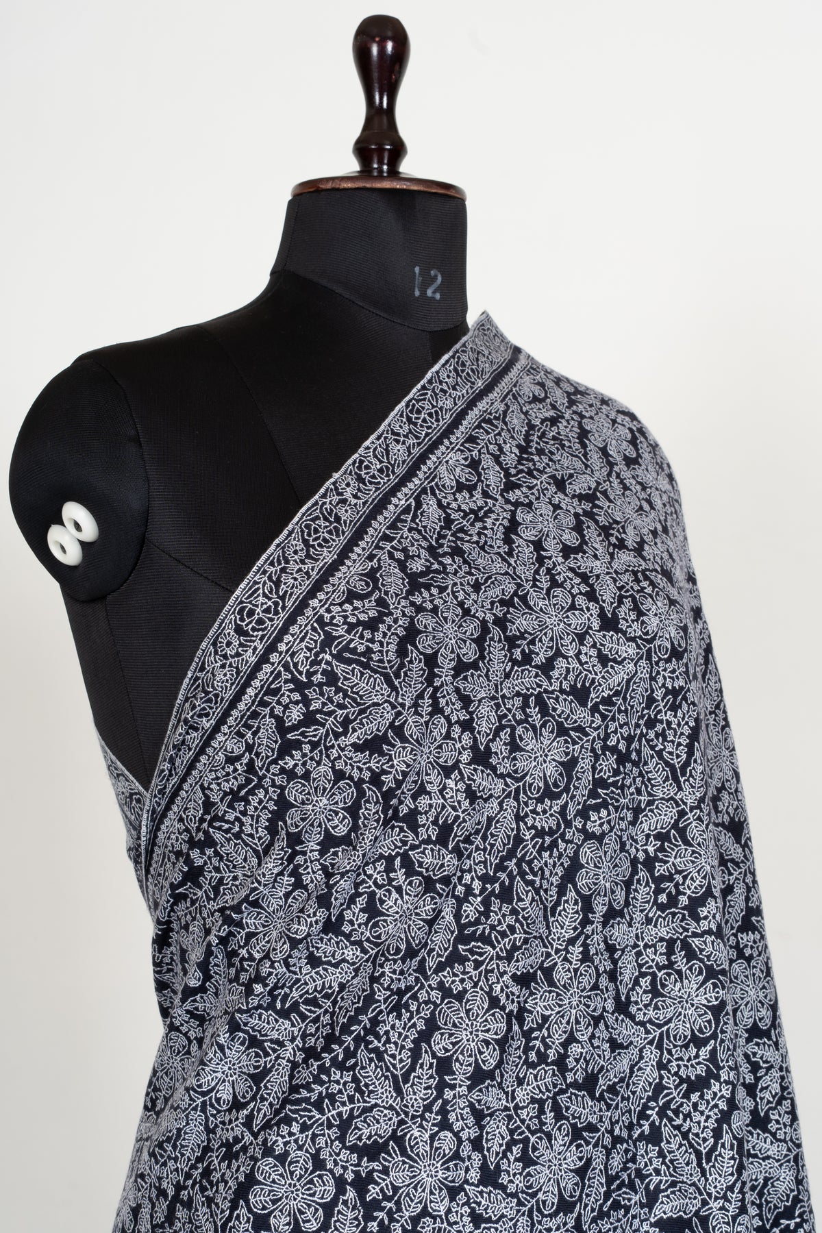 Midnight Lace Pure Pashmina Shawl with Sozni Hand Embroidered Ivory Floral Tapestry