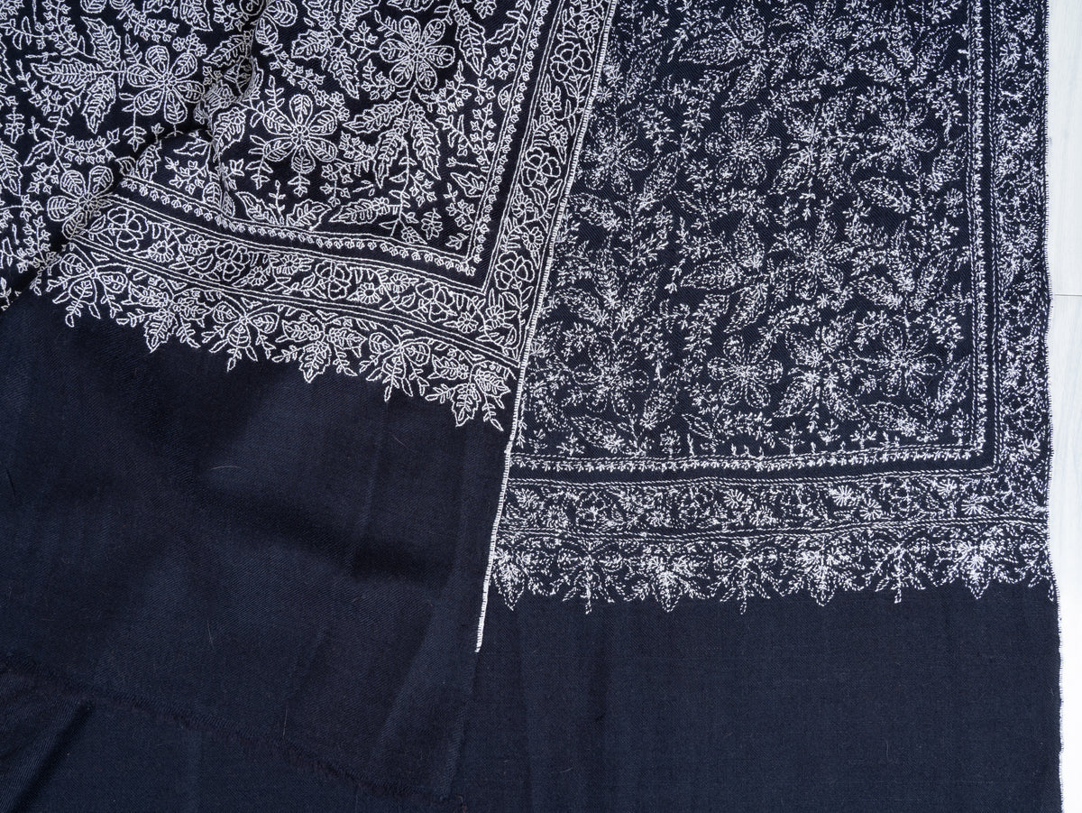 Midnight Lace Pure Pashmina Shawl with Sozni Hand Embroidered Ivory Floral Tapestry