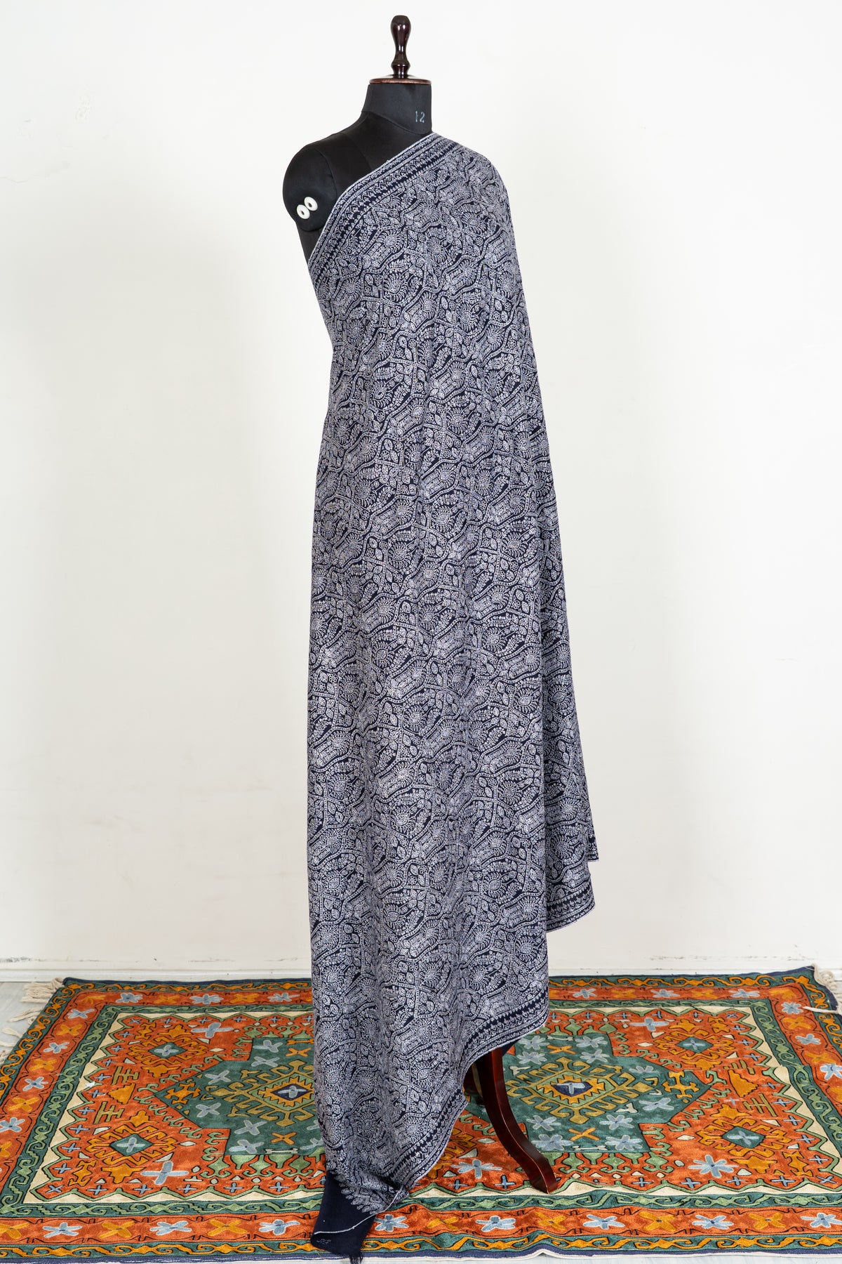Silver Labyrinth Pure Pashmina Shawl with Sozni Hand Embroidered Ornamental Floral Patterns