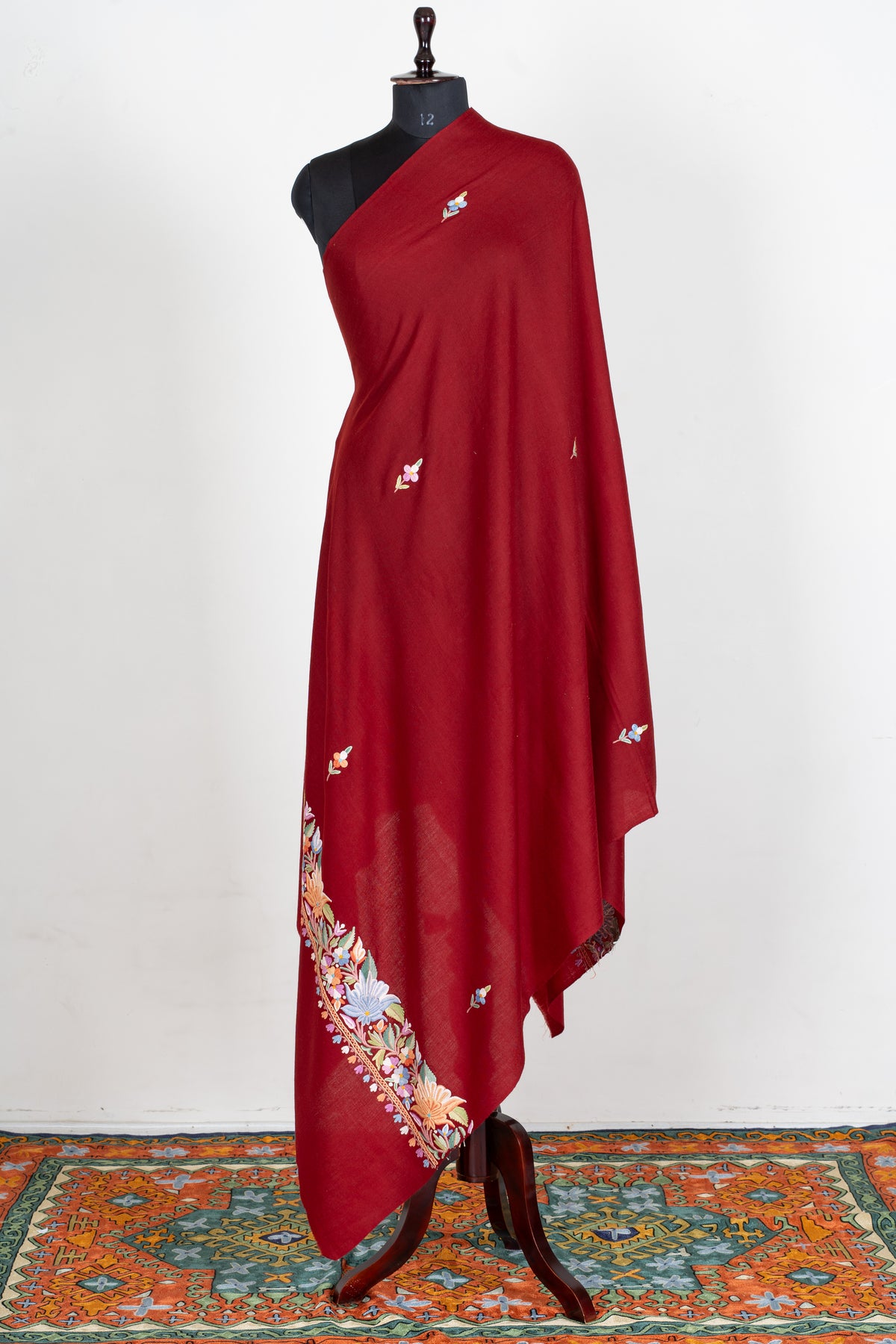Crimson Bloom Aari Hand Embroidered Fine merino wool Shawl with Multicolored Floral Accents
