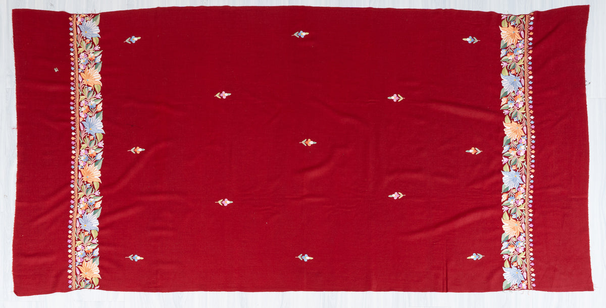 Crimson Bloom Aari Hand Embroidered Fine merino wool Shawl with Multicolored Floral Accents