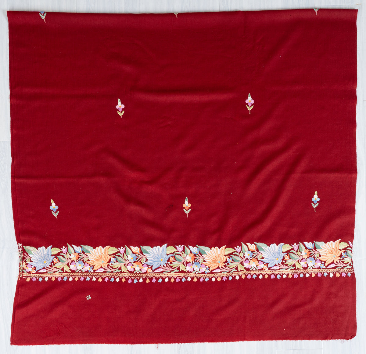 Crimson Bloom Aari Hand Embroidered Fine merino wool Shawl with Multicolored Floral Accents