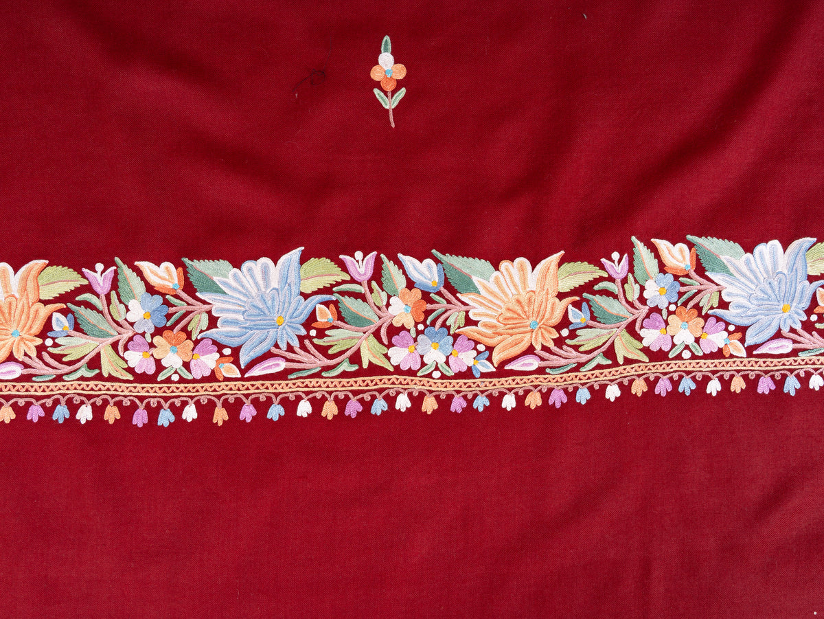 Crimson Bloom Aari Hand Embroidered Fine merino wool Shawl with Multicolored Floral Accents
