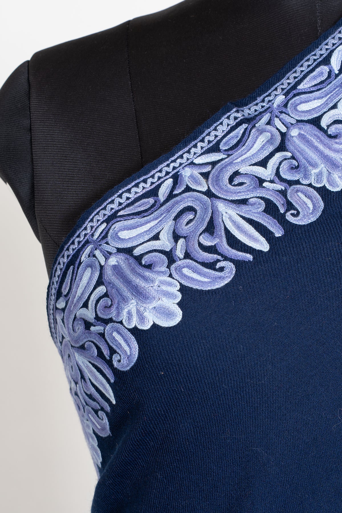 Midnight Navy Aari Hand Embroidered Fine merino wool Shawl with Lavender Ornamental Borders