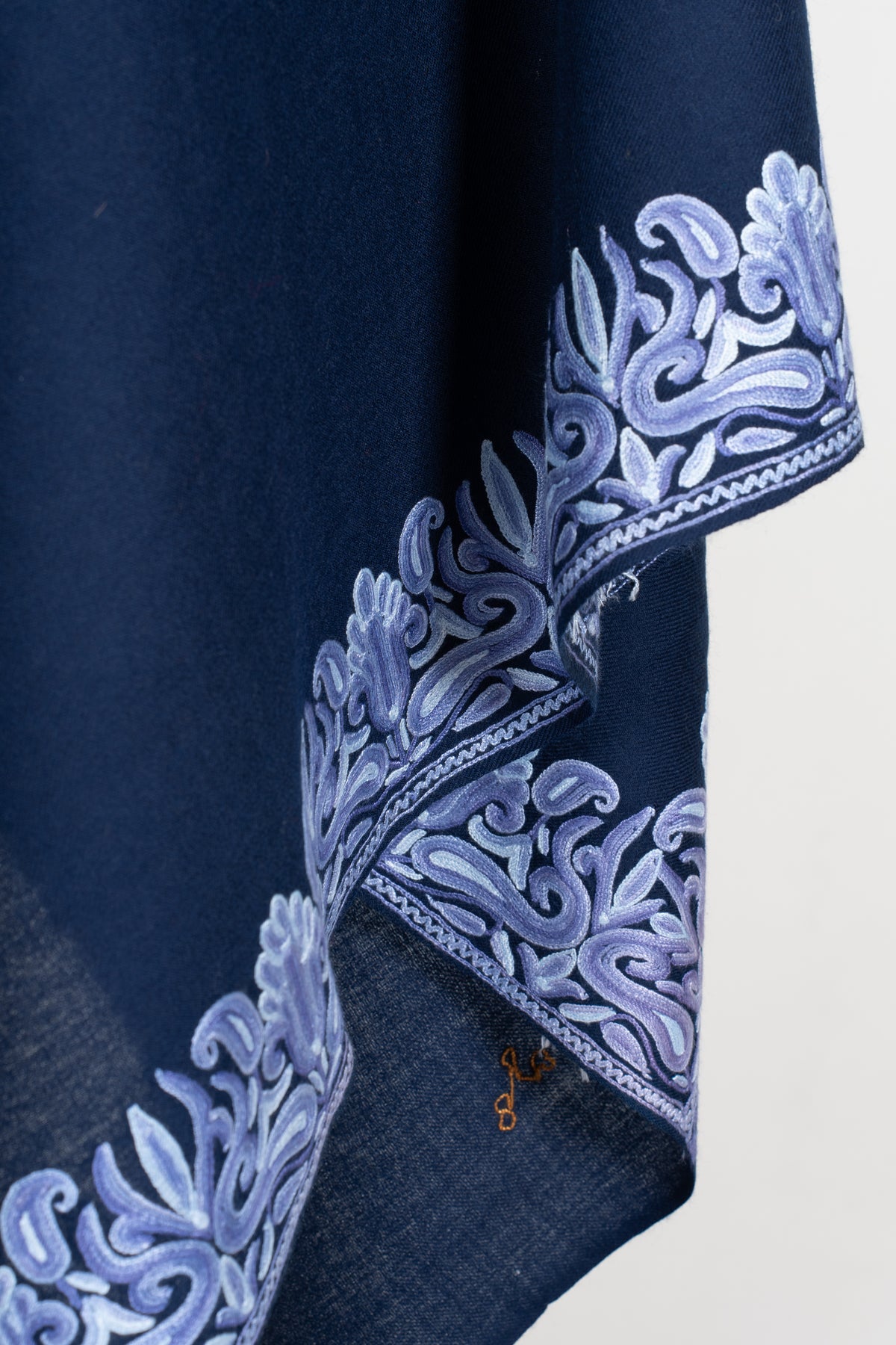 Midnight Navy Aari Hand Embroidered Fine merino wool Shawl with Lavender Ornamental Borders