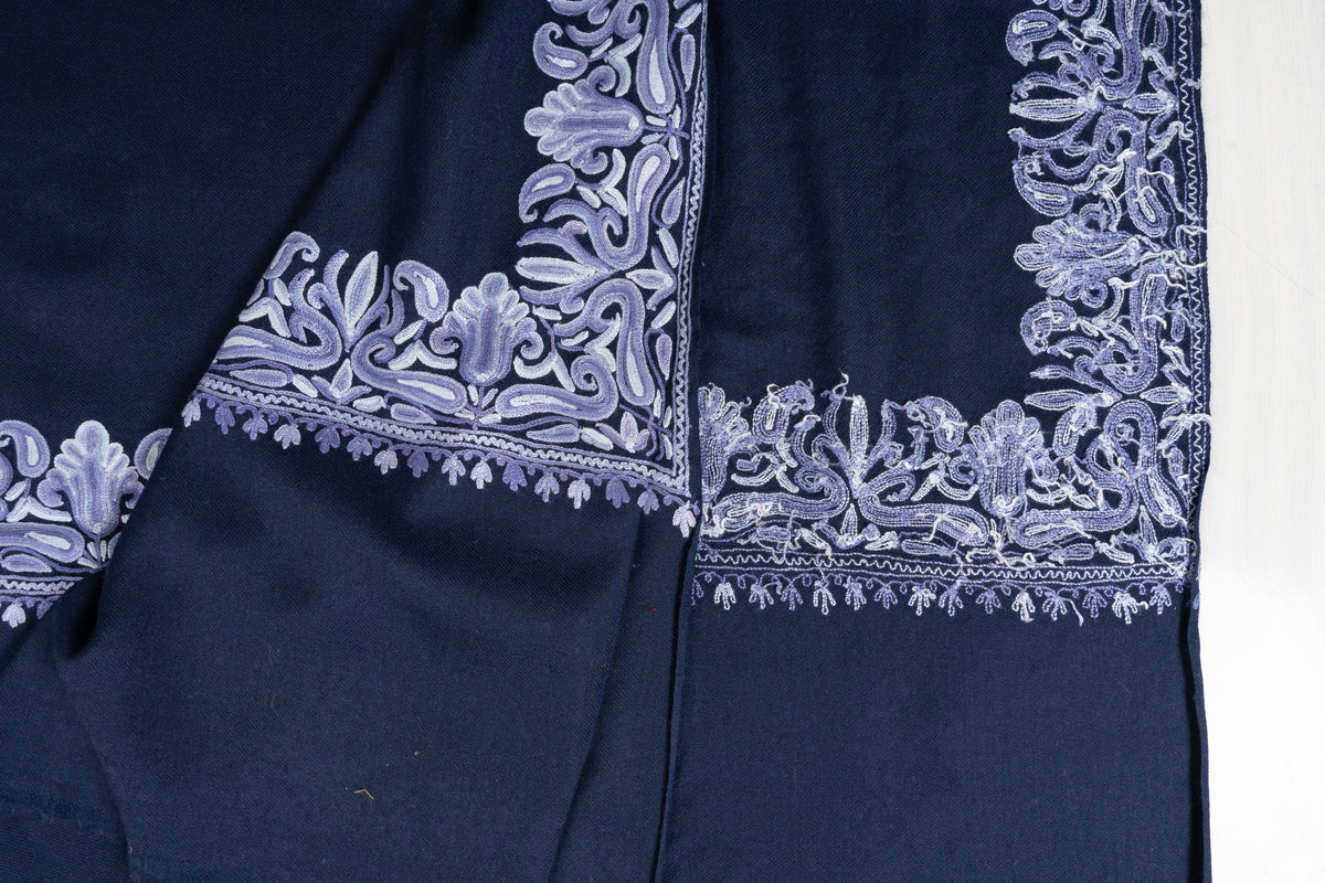Midnight Navy Aari Hand Embroidered Fine merino wool Shawl with Lavender Ornamental Borders