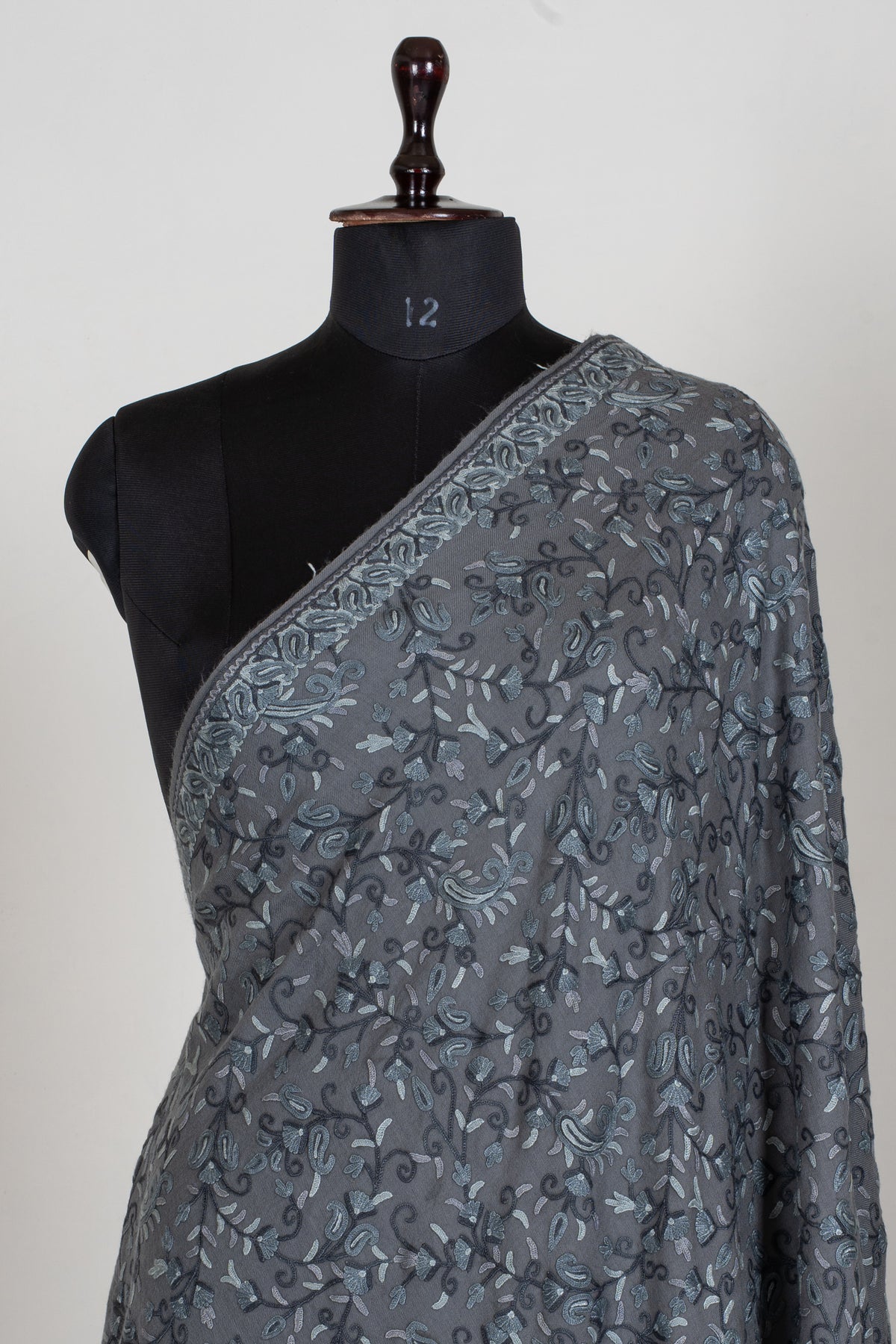 Aari Hand Embroidered Fine merino wool Shawl in Slate Grey with Frost Blue Floral Vines