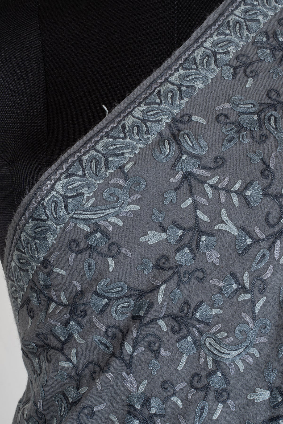Aari Hand Embroidered Fine merino wool Shawl in Slate Grey with Frost Blue Floral Vines