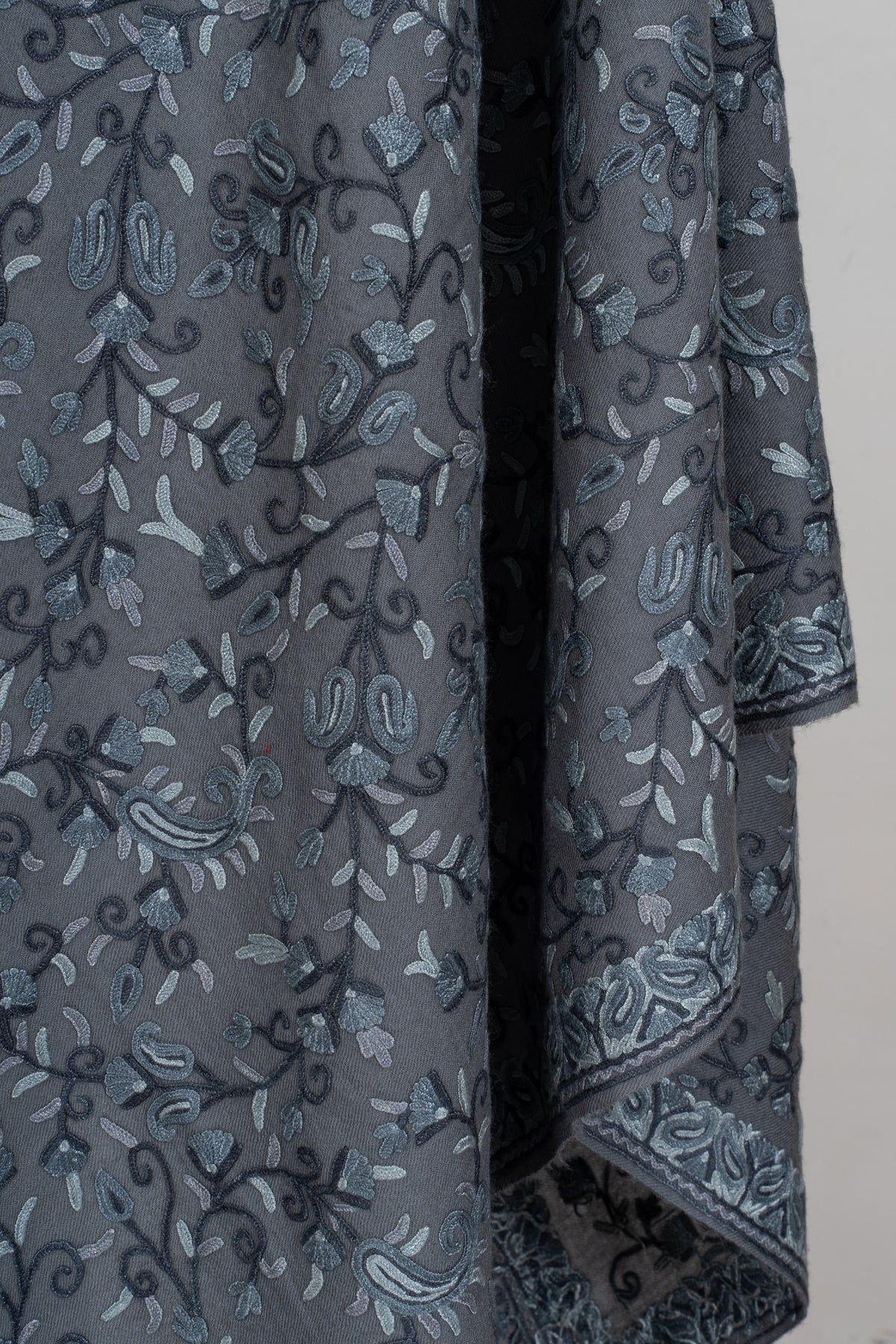 Aari Hand Embroidered Fine merino wool Shawl in Slate Grey with Frost Blue Floral Vines