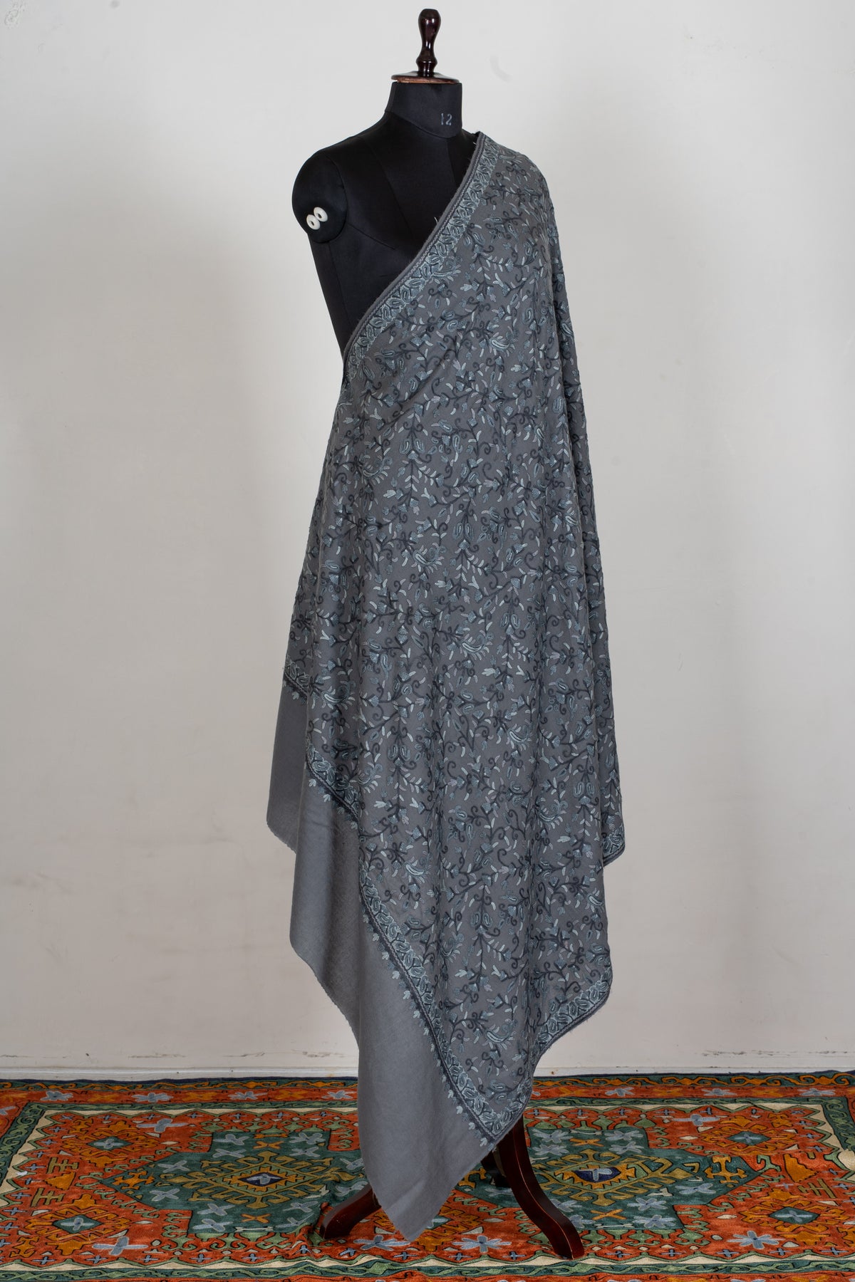Aari Hand Embroidered Fine merino wool Shawl in Slate Grey with Frost Blue Floral Vines