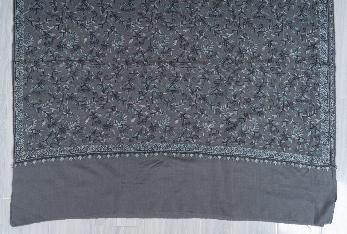 Aari Hand Embroidered Fine merino wool Shawl in Slate Grey with Frost Blue Floral Vines