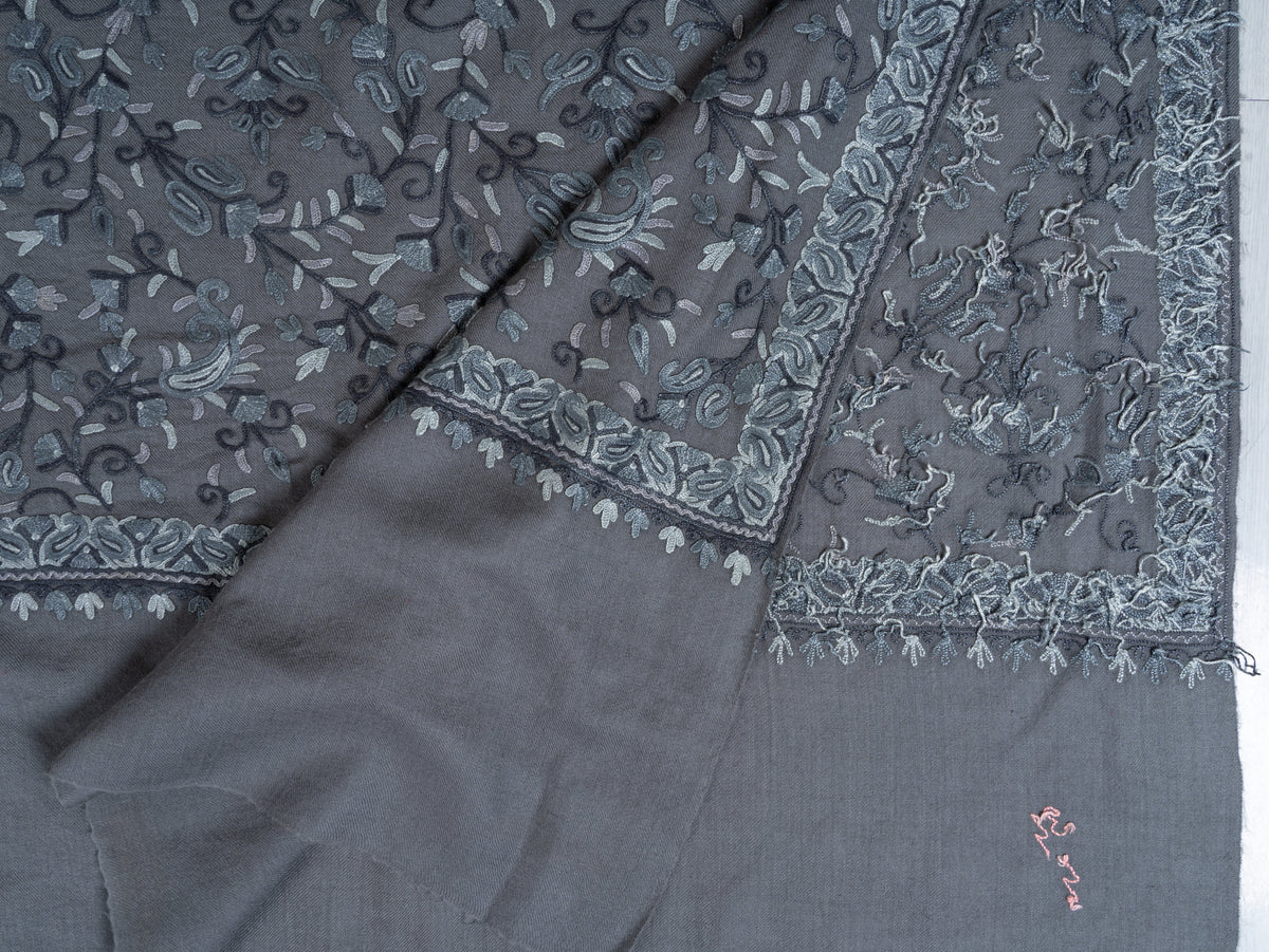 Aari Hand Embroidered Fine merino wool Shawl in Slate Grey with Frost Blue Floral Vines