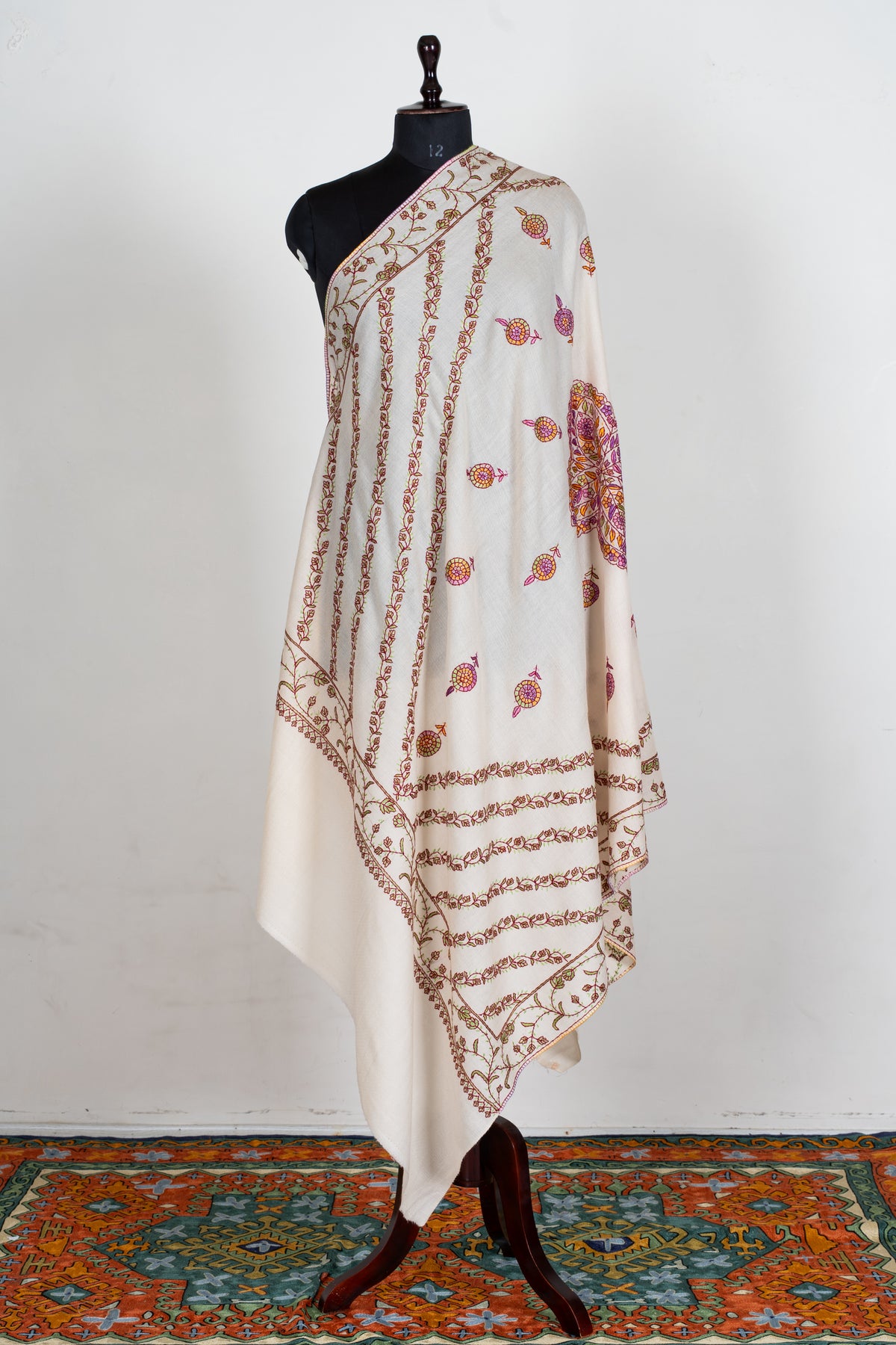 Ivory Blossom Sozni Hand Embroidered fine merino wool Shawl with Rose Pink and Golden Floral Accents