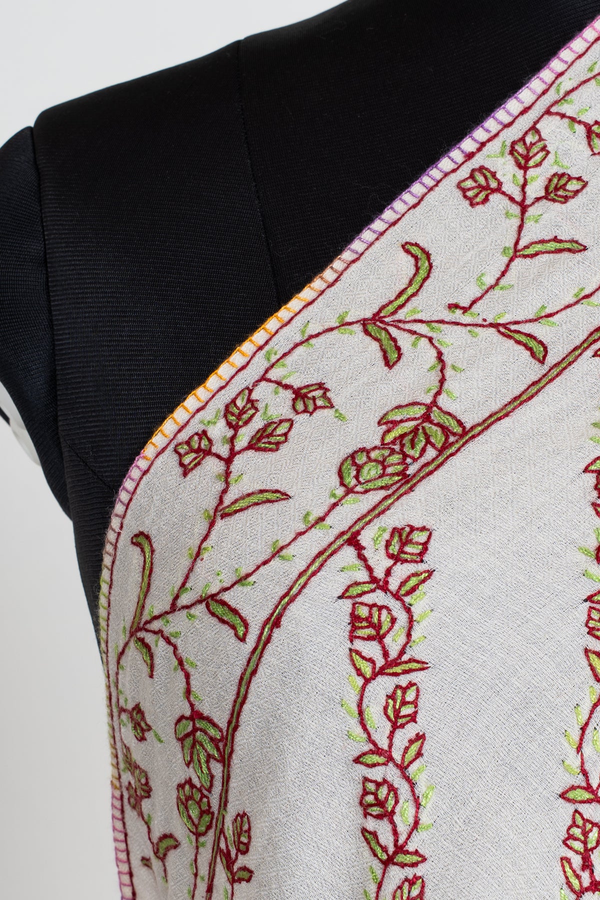 Ivory Blossom Sozni Hand Embroidered fine merino wool Shawl with Rose Pink and Golden Floral Accents