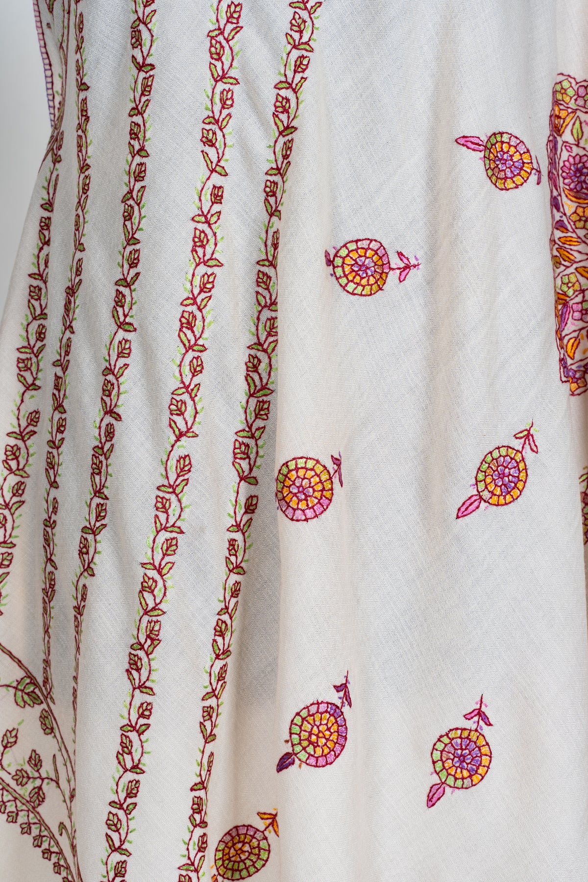 Ivory Blossom Sozni Hand Embroidered fine merino wool Shawl with Rose Pink and Golden Floral Accents