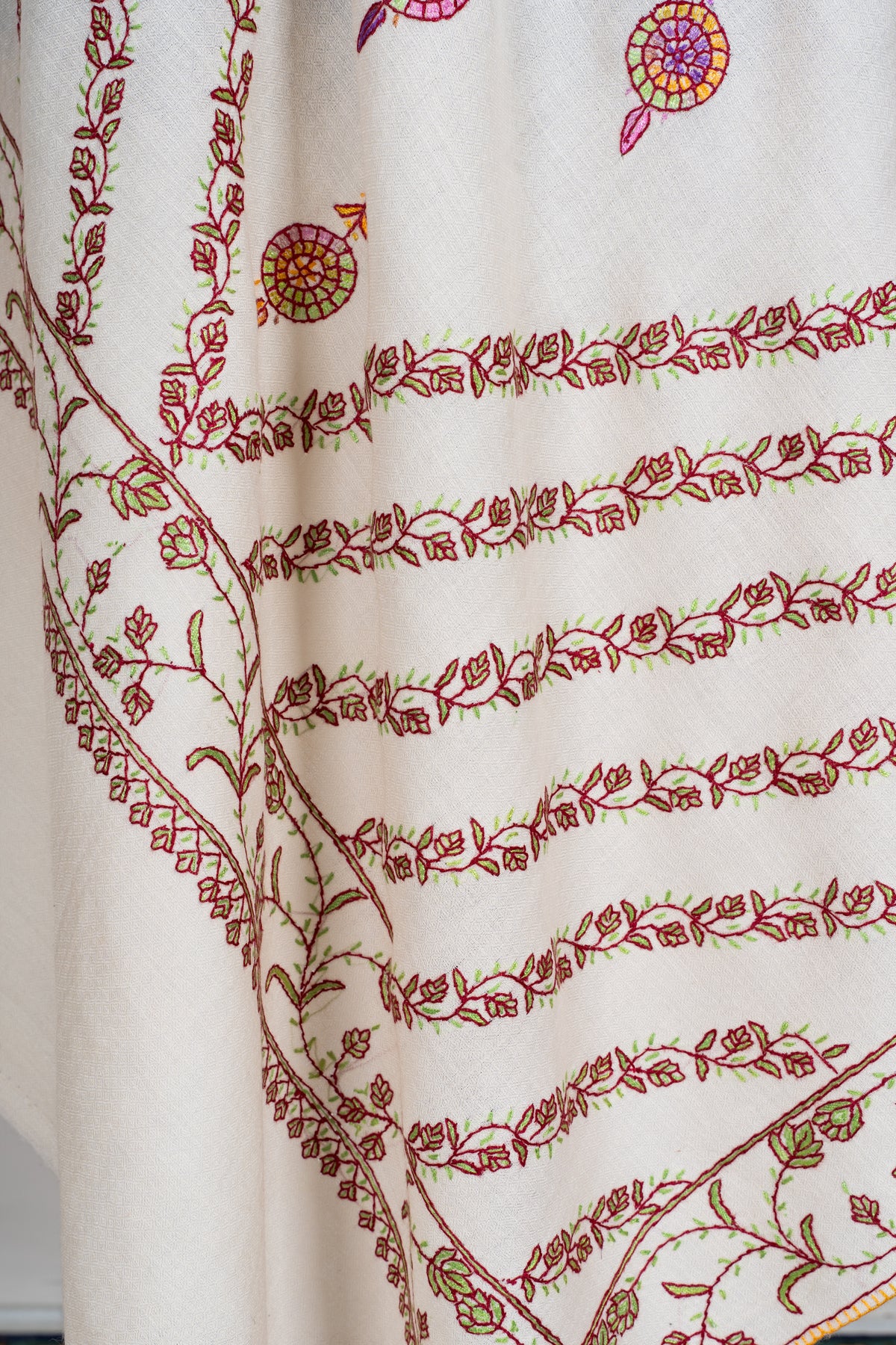 Ivory Blossom Sozni Hand Embroidered fine merino wool Shawl with Rose Pink and Golden Floral Accents