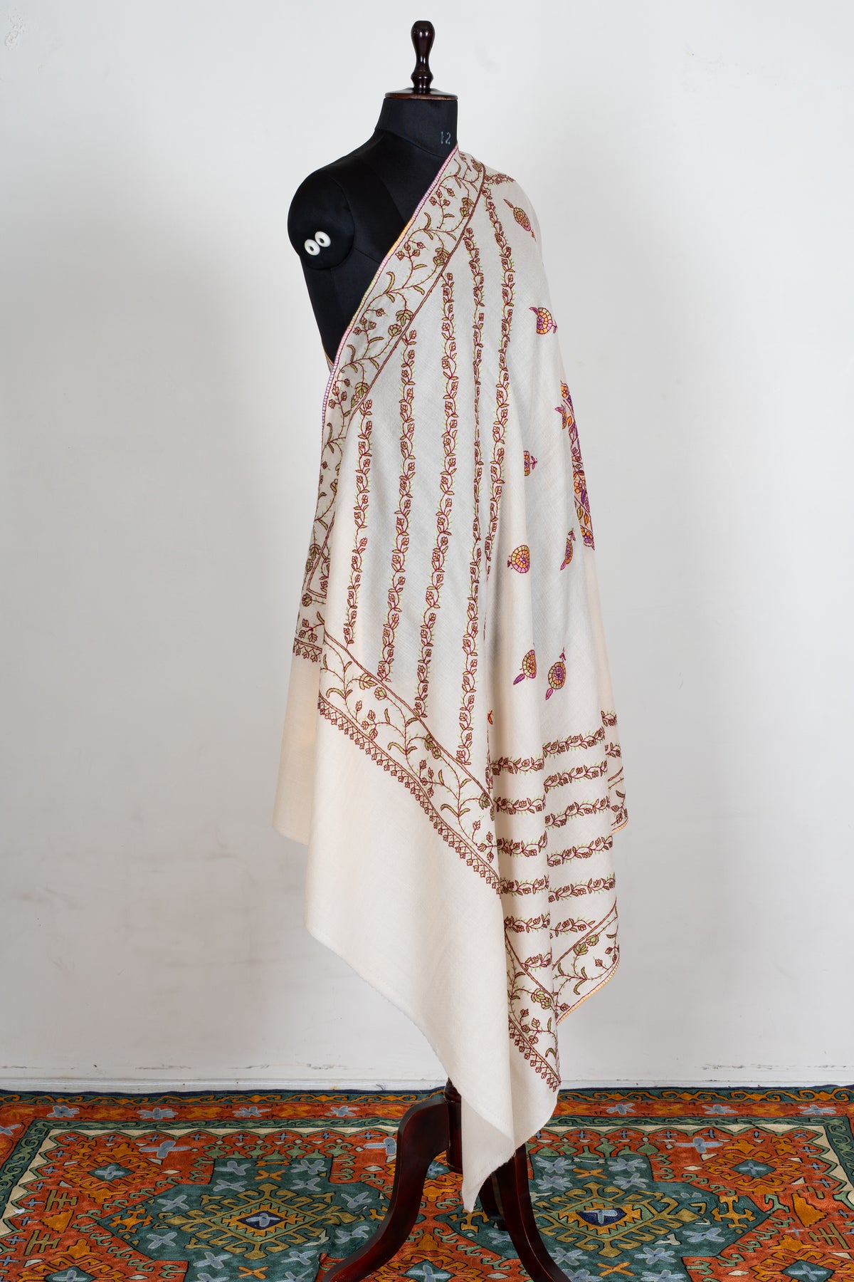 Ivory Blossom Sozni Hand Embroidered fine merino wool Shawl with Rose Pink and Golden Floral Accents