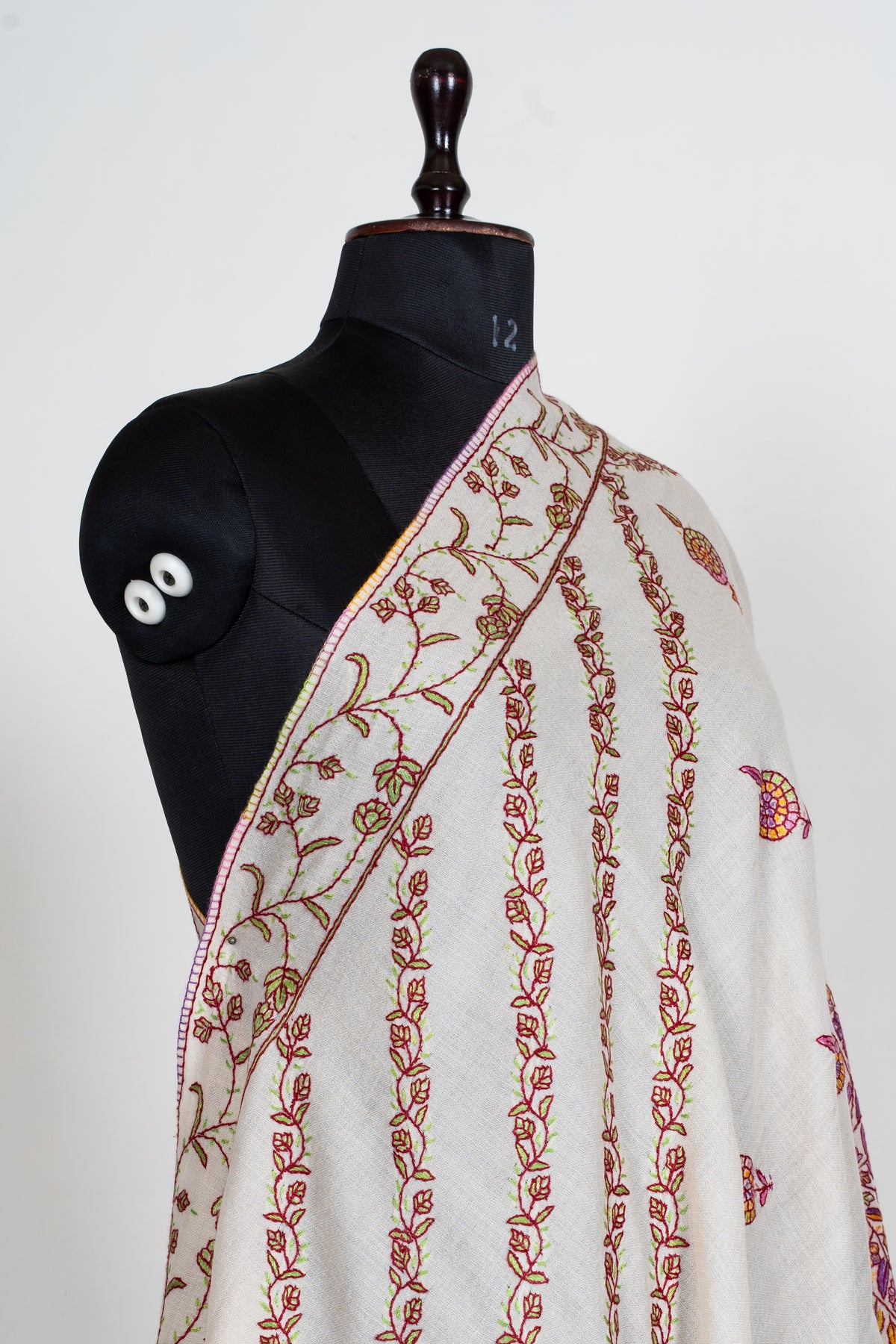 Ivory Blossom Sozni Hand Embroidered fine merino wool Shawl with Rose Pink and Golden Floral Accents