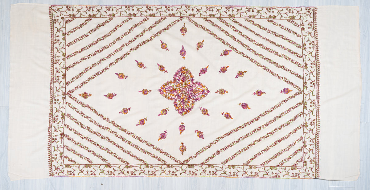 Ivory Blossom Sozni Hand Embroidered fine merino wool Shawl with Rose Pink and Golden Floral Accents