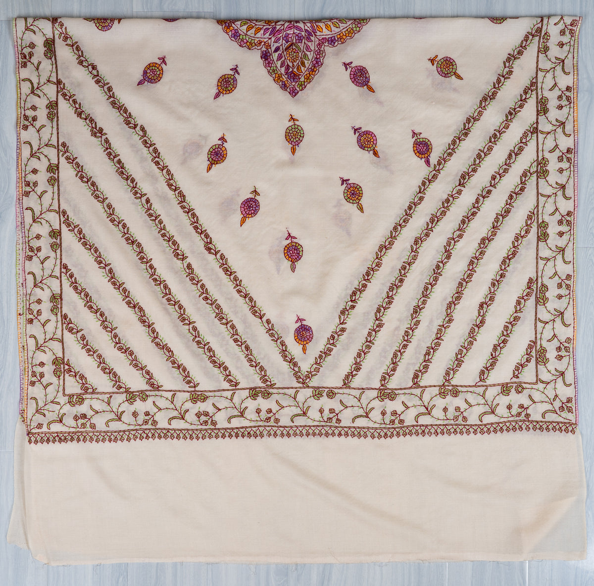Ivory Blossom Sozni Hand Embroidered fine merino wool Shawl with Rose Pink and Golden Floral Accents