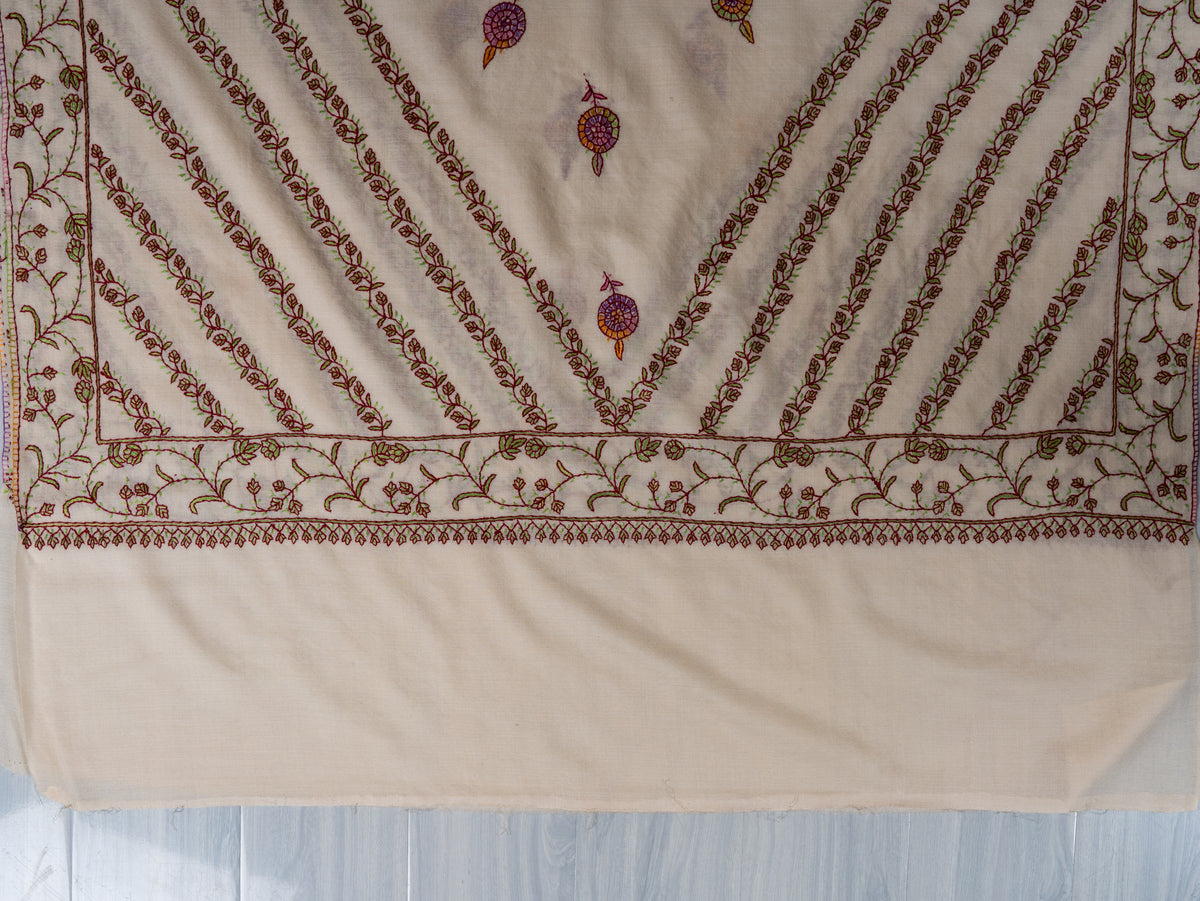 Ivory Blossom Sozni Hand Embroidered fine merino wool Shawl with Rose Pink and Golden Floral Accents