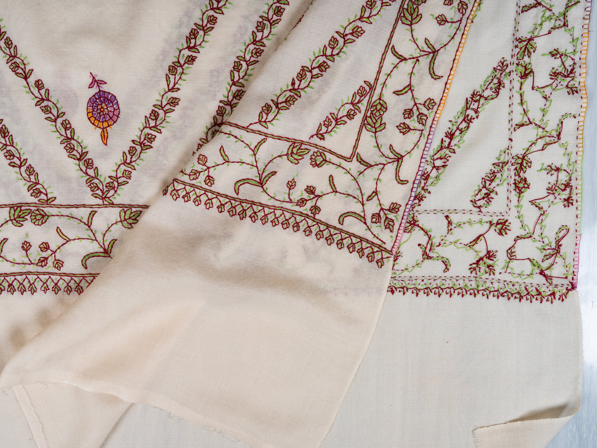 Ivory Blossom Sozni Hand Embroidered fine merino wool Shawl with Rose Pink and Golden Floral Accents