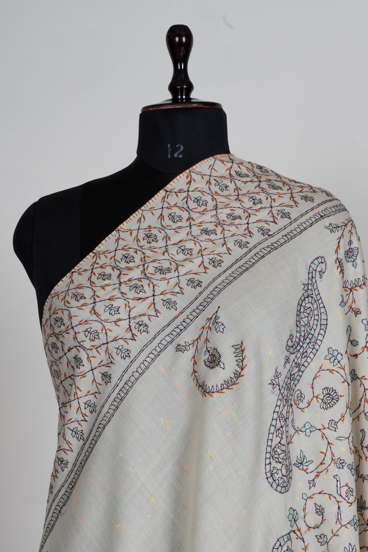Ivory Whispers Sozni Hand Embroidered Fine merino wool Shawl with Delicate Blue and Rust Floral Vines