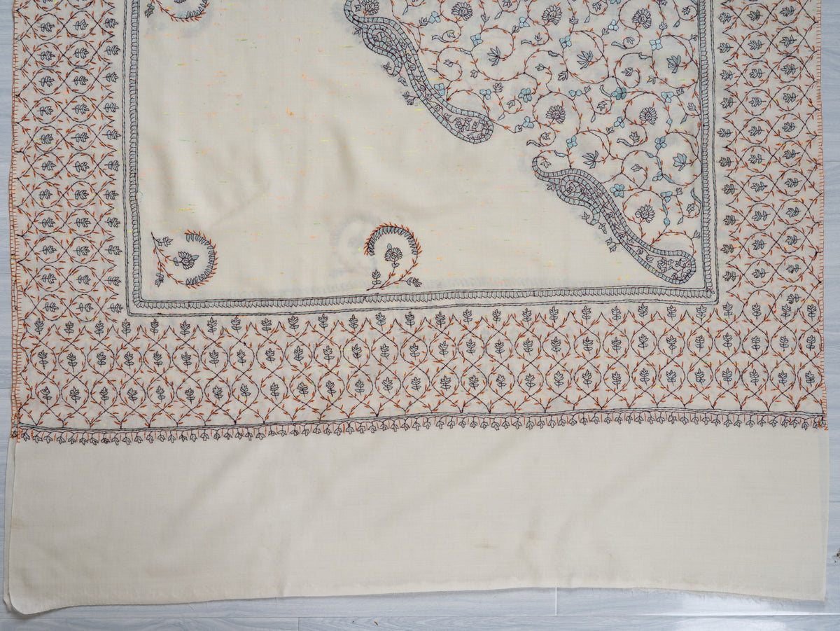 Ivory Whispers Sozni Hand Embroidered Fine merino wool Shawl with Delicate Blue and Rust Floral Vines