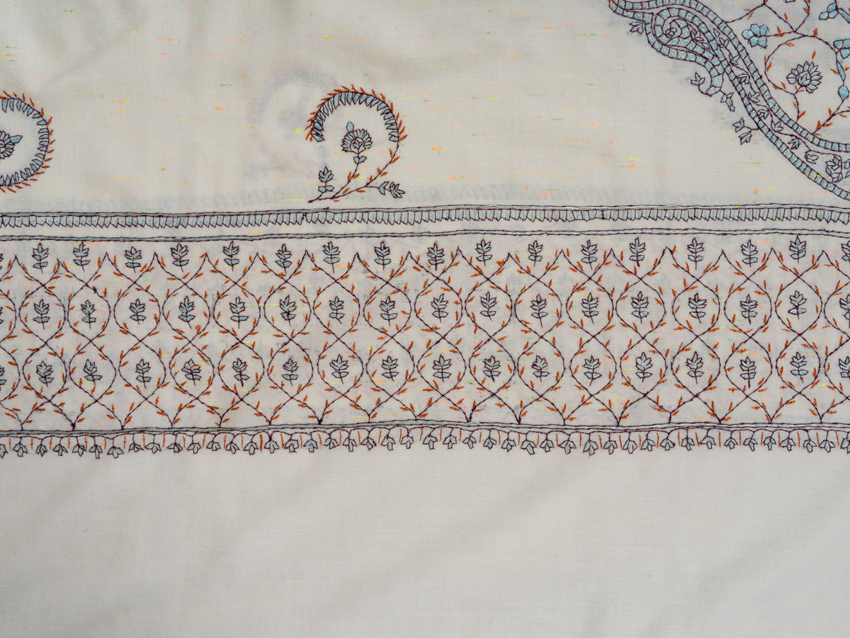 Ivory Whispers Sozni Hand Embroidered Fine merino wool Shawl with Delicate Blue and Rust Floral Vines