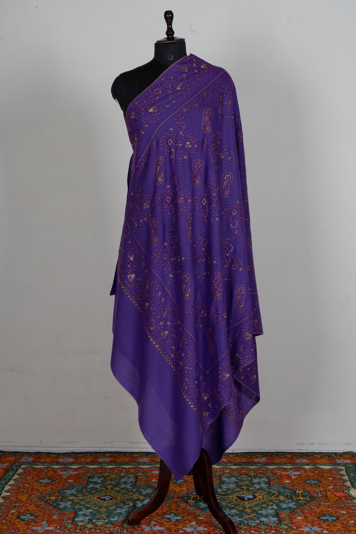 Royal Amethyst Sozni Hand Embroidered Fine merino wool Shawl with Delicate Paisley and Vine Patterns