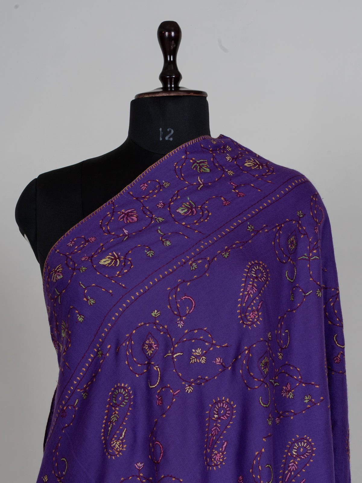 Royal Amethyst Sozni Hand Embroidered Fine merino wool Shawl with Delicate Paisley and Vine Patterns