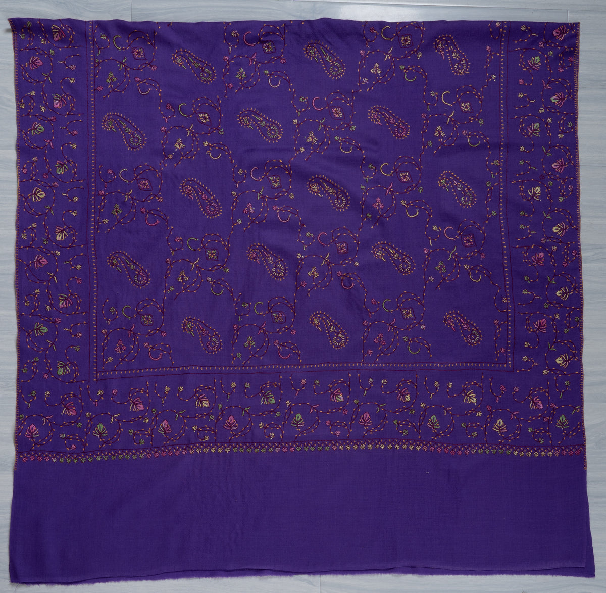 Royal Amethyst Sozni Hand Embroidered Fine merino wool Shawl with Delicate Paisley and Vine Patterns